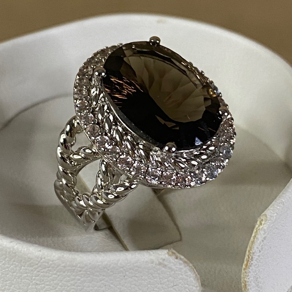 Smoky Quartz Sterling Silver Ring w/ White Zircon Halo Statement Cocktail Sz 9